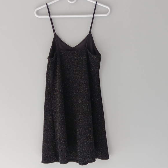 Angie Slip Mini Dress Black Silver Metallic Shimmer Spaghetti Strap Low V Medium - Picture 13 of 14
